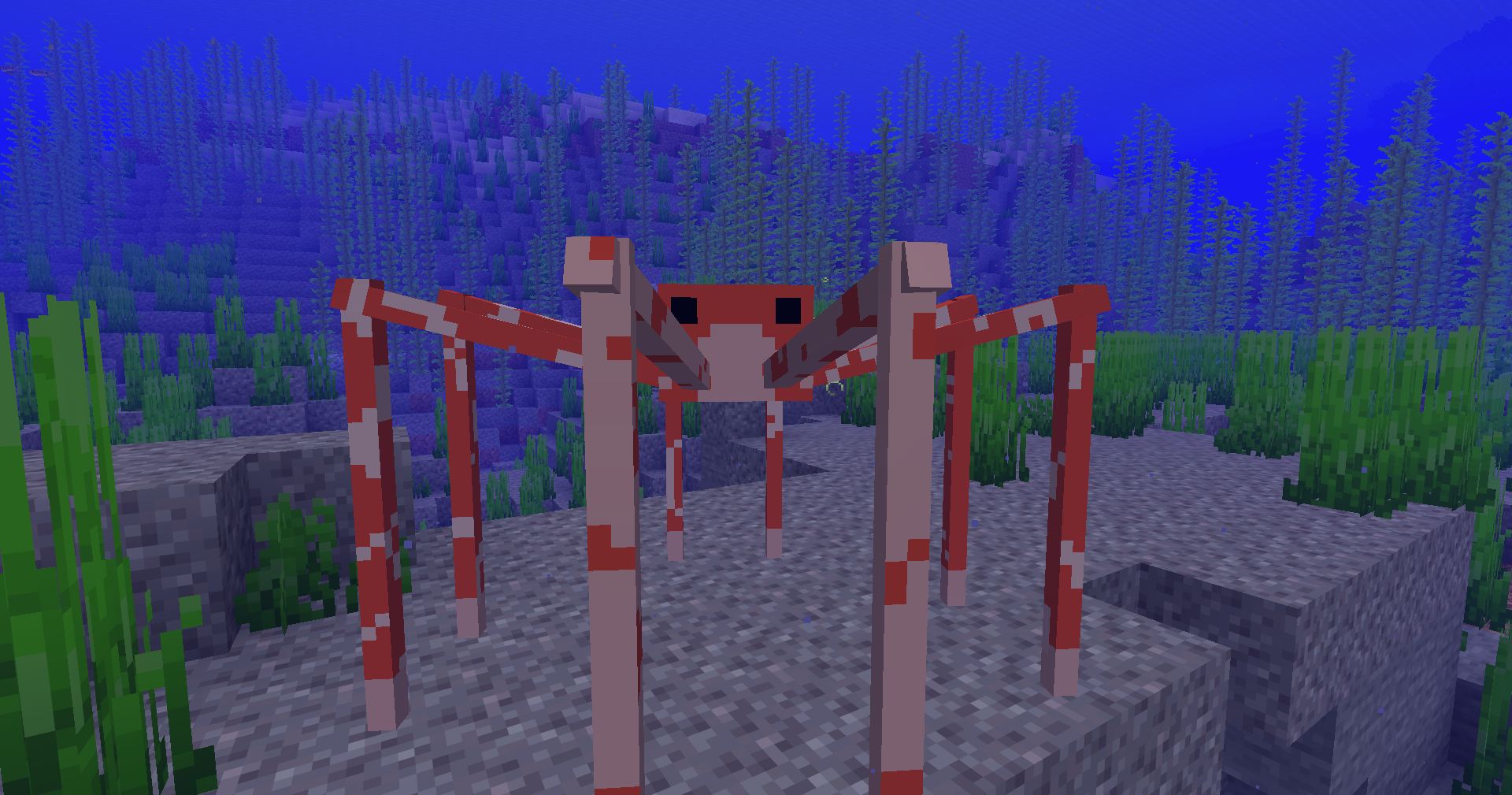 Minecraft underwater screenshot of a Japanese spider crab on the ocean floor.