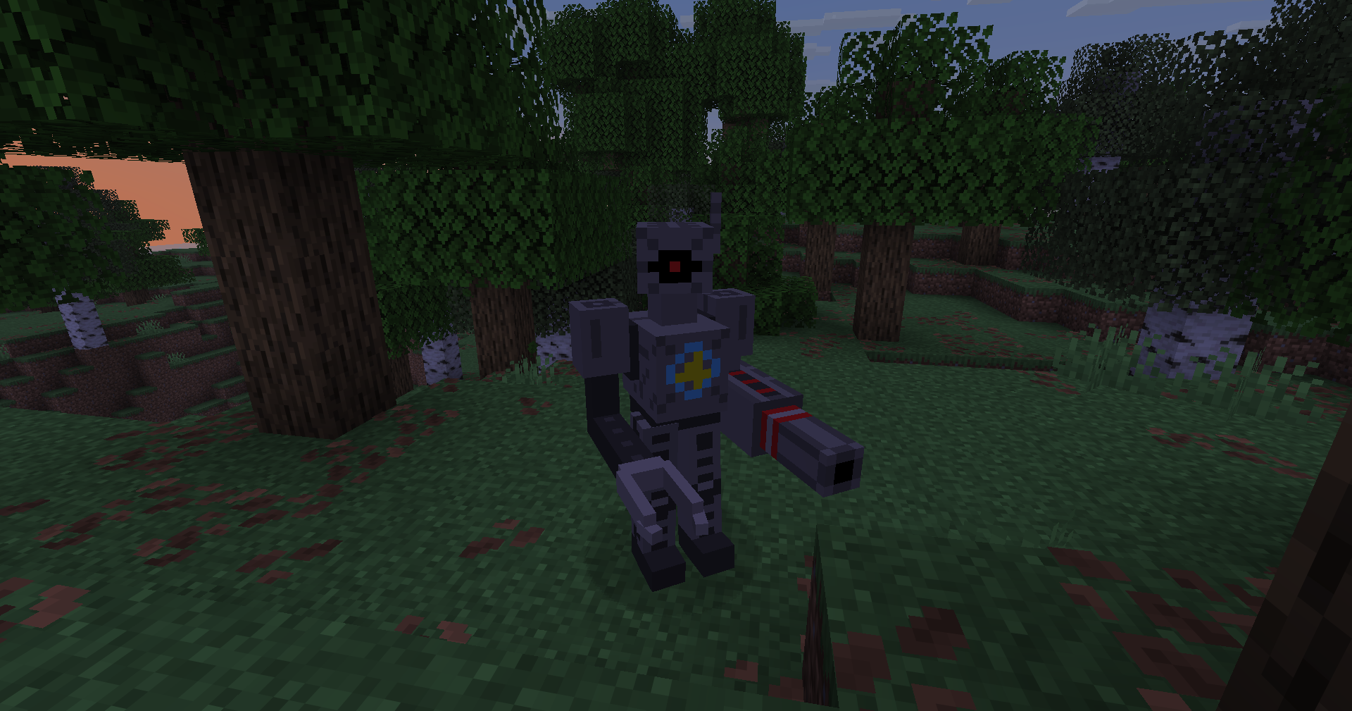 Minecraft forest screenshot showing the S.E.N.T.R.Y. robot standing among trees.