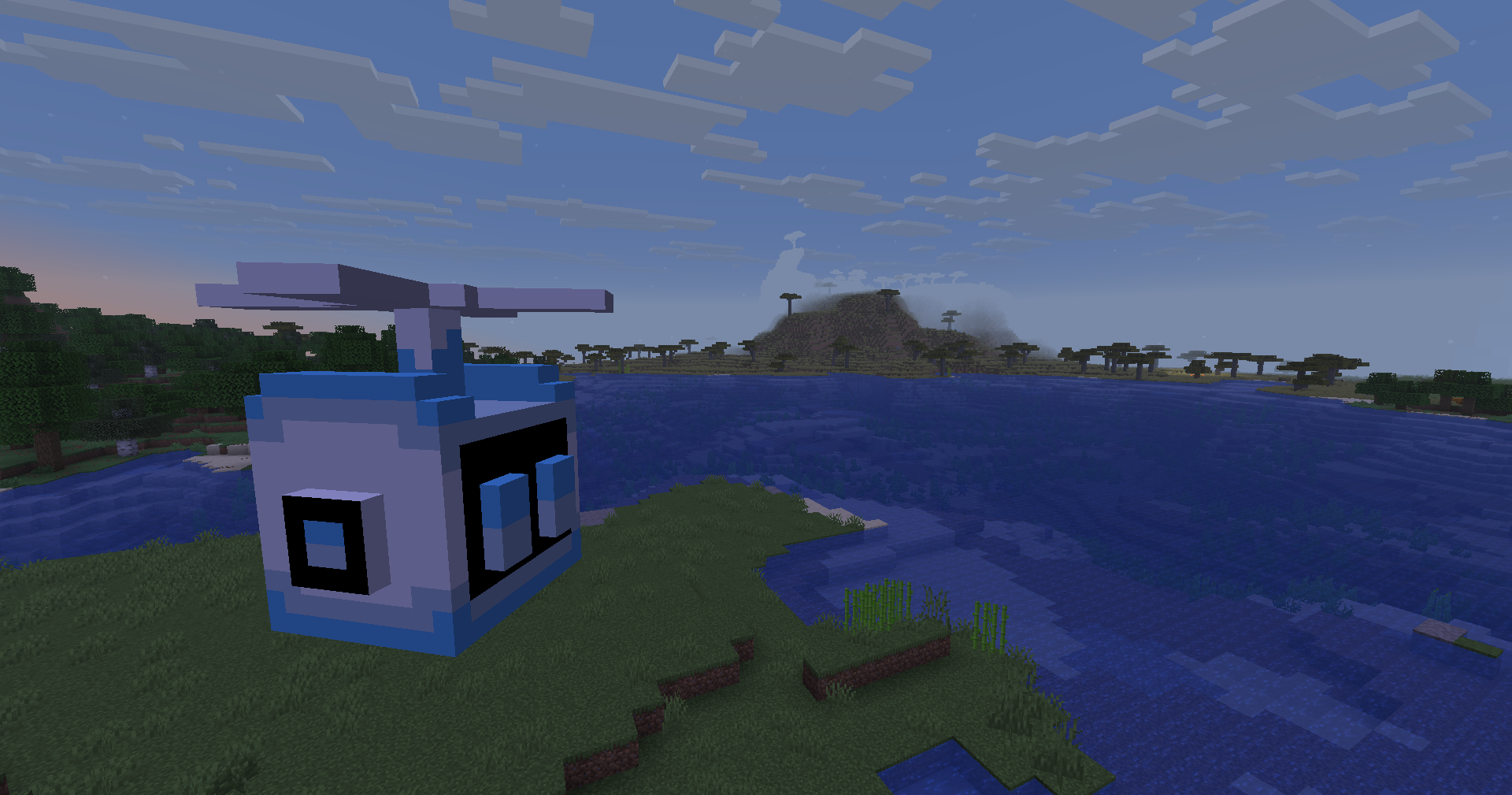 Minecraft riverside screenshot showing the B.O.L.T. robot near the water.