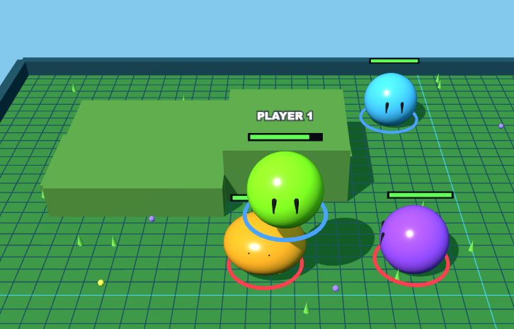 Gameplay screenshot from Reagan's Blob Wars showing colorful blob characters in a bright arena.
